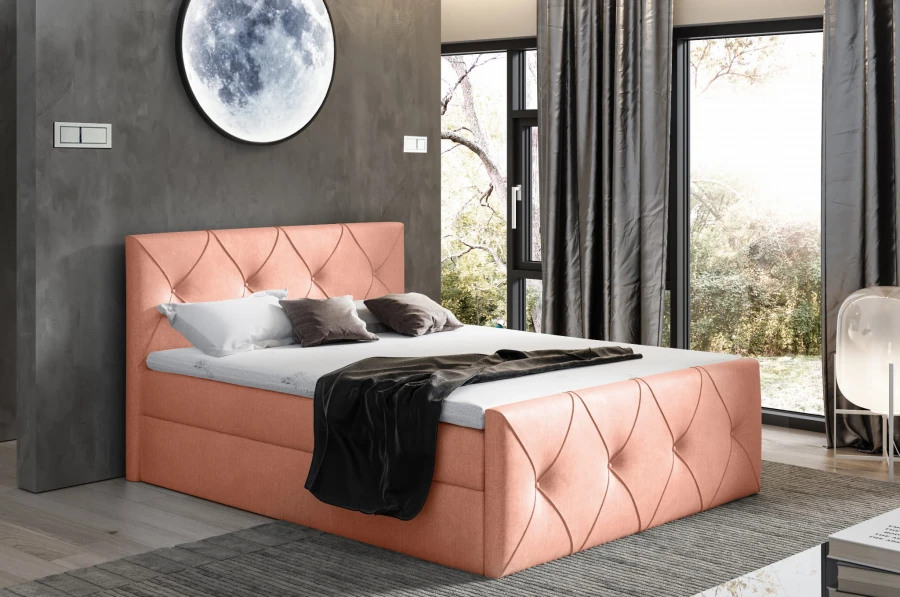 Lachsfarbenes Polsterbett mit Rautensteppung für ein gemütliches Schlafzimmer-Ambiente.