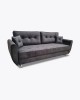 Dunkelgraues Samtsofa mit zwei Kissen und silbernen Füßen auf weißem Hintergrund.