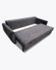 Dunkelgraues Schlafsofa mit Ausziehfunktion und Bettkasten auf weißem Grund.