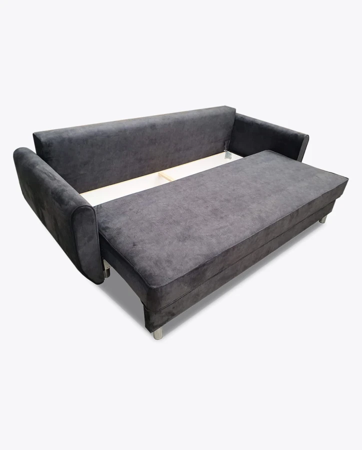 Dunkelgraues Schlafsofa mit Ausziehfunktion und Bettkasten auf weißem Grund.