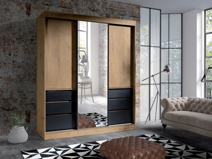 Kleiderschrank Schwebetürden schrank HAITI Eiche + Schwarz.jpg