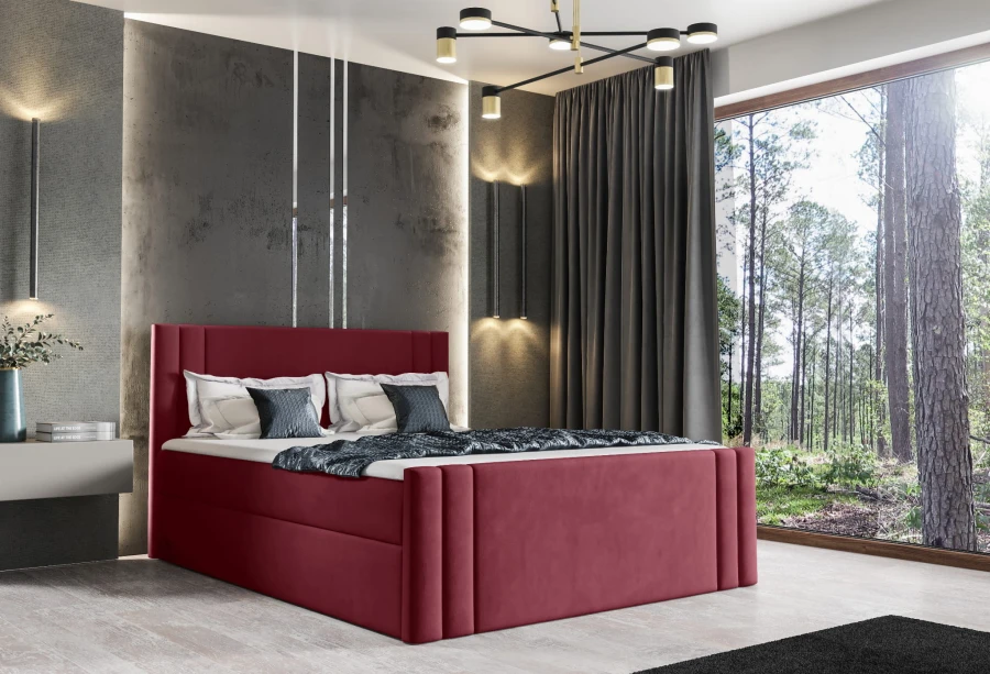 Rotes Polsterbett mit vertikaler Steppung im luxuriösen Design.