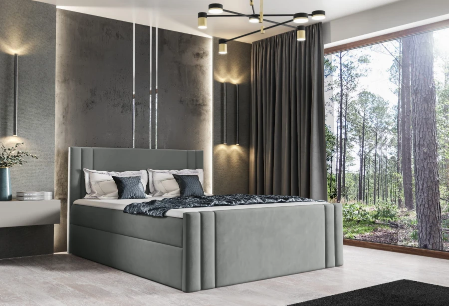Elegantes graues Polsterbett mit gepolstertem Kopfteil in modernem Design.