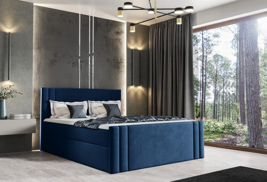 Dunkelblaues Samtbett für ein modernes Schlafzimmer mit gemütlicher Atmosphäre.