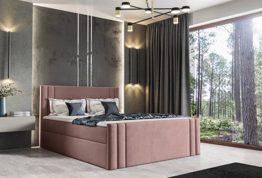 Stilvolles Boxspringbett in Altrosa mit vertikaler Steppung im Schlafzimmer.