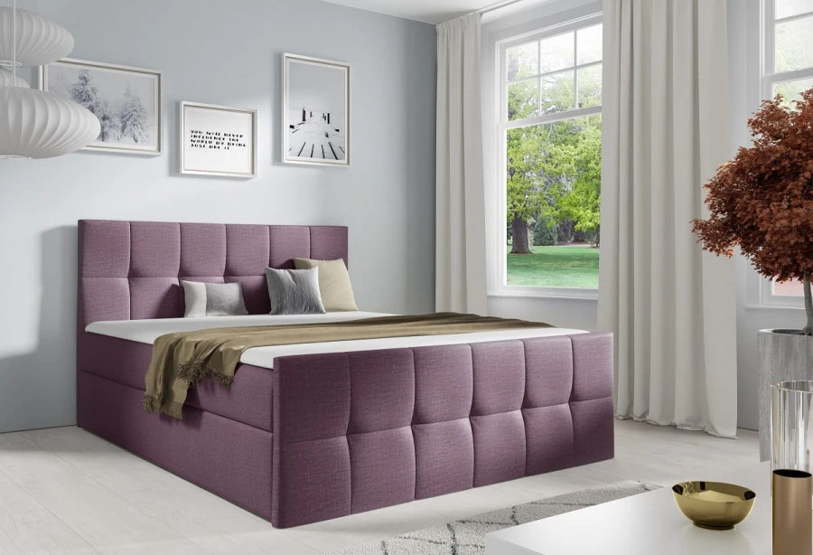 Lila Boxspringbett im modernen Design mit quadratisch gestepptem Kopfteil