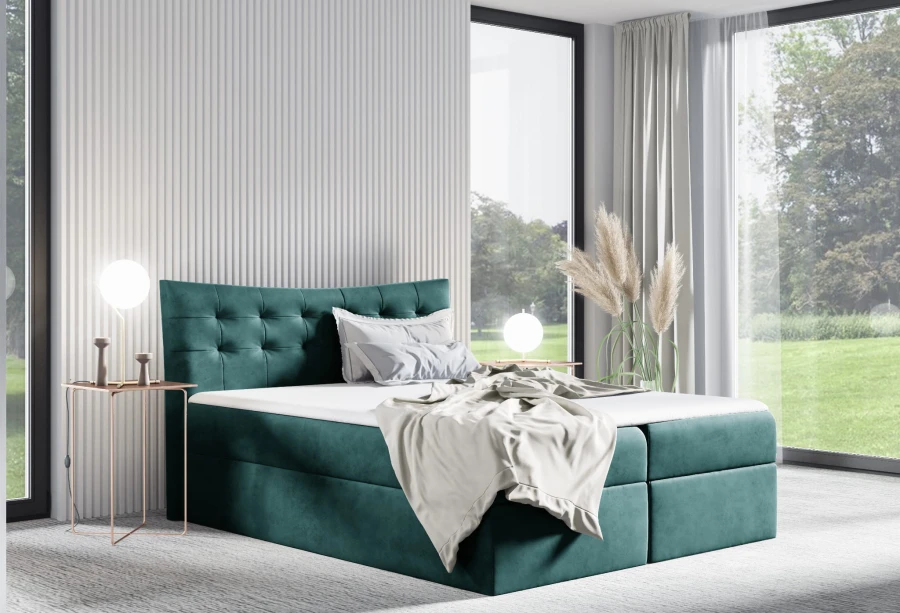 Modernes Boxspringbett in Petrol mit gestepptem Kopfteil aus Samt im hellen Schlafzimmer.
