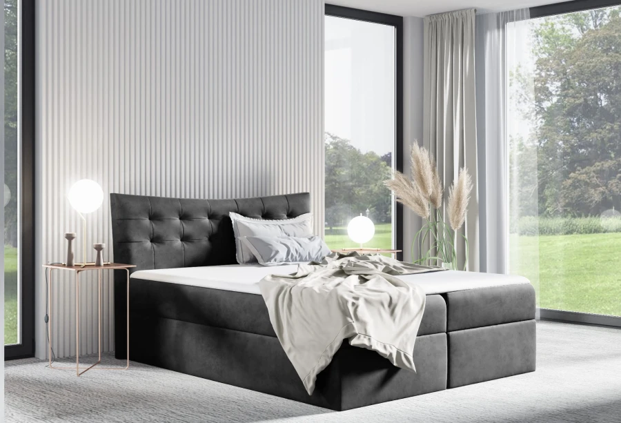 Zeitloses Boxspringbett in Anthrazit mit Samt-Optik und gestepptem Kopfteil für ein elegantes Schlafzimmer.
