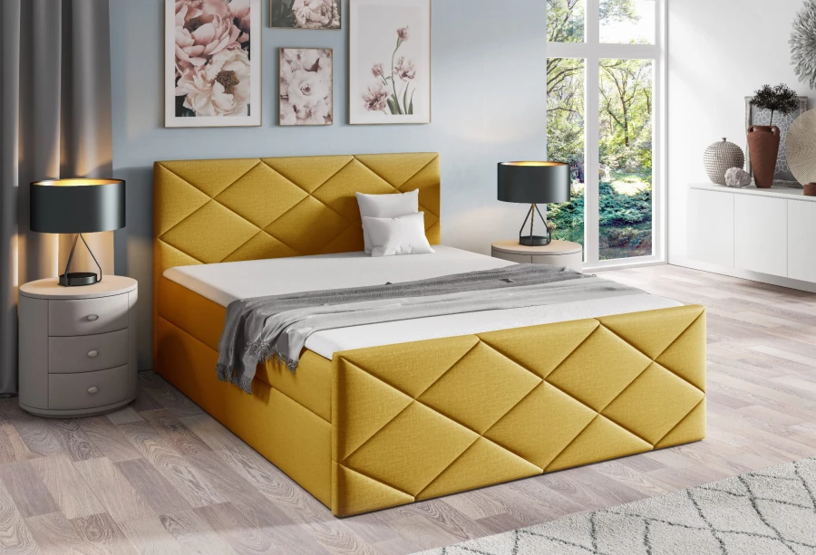 Gelbes Polsterbett mit dekorativer Rautensteppung in einem modern eingerichteten Schlafzimmer.