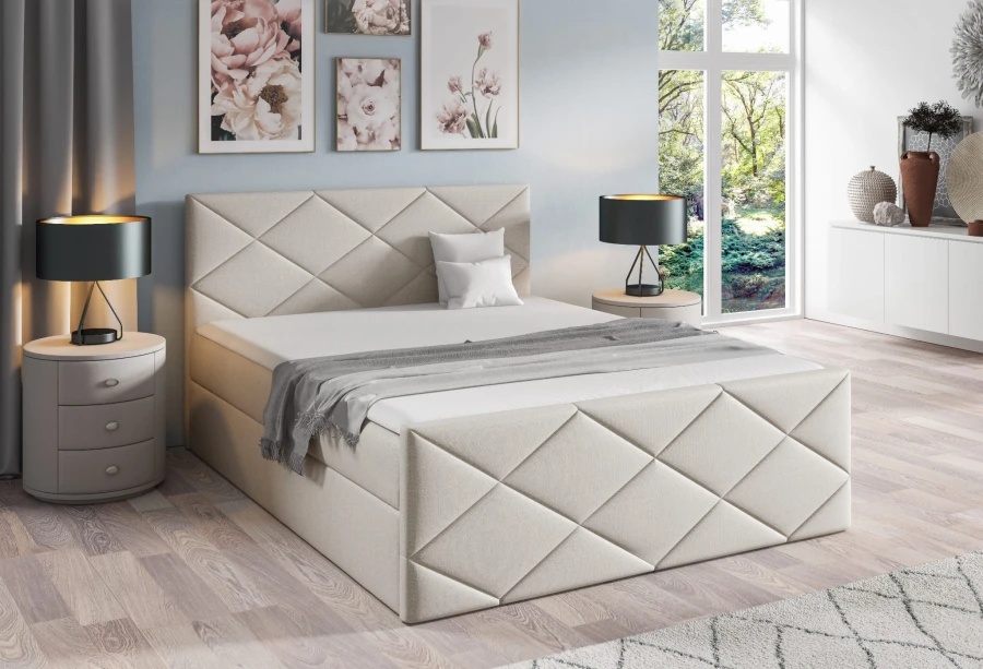 Beiges Polsterbett mit edlem Rautenmuster, ideal für ein gemütliches Schlafzimmer.