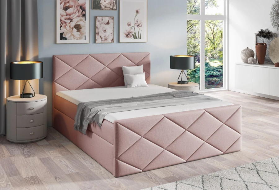 Rosa Polsterbett mit moderner Rautensteppung am Kopfteil und Fußteil für das Schlafzimmer.