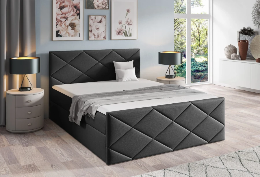 Modernes Boxspringbett in Anthrazit mit abgestepptem Rautenmuster am Kopfteil für ein elegantes Schlafzimmer.