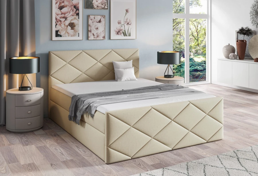 Stilvolles Polsterbett in Beige mit dekorativer Rautensteppung und gemütlicher Atmosphäre im modernen Schlafzimmer.