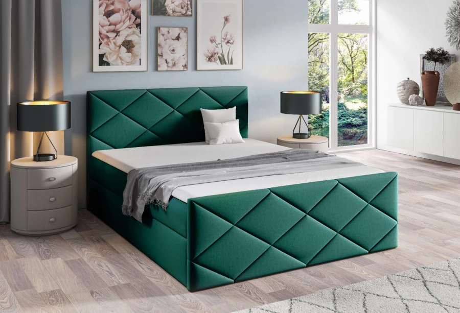 Exklusives Boxspringbett in Dunkelgrün mit edlem Rautenmuster am Kopfteil für moderne Wohnakzente im Schlafzimmer.