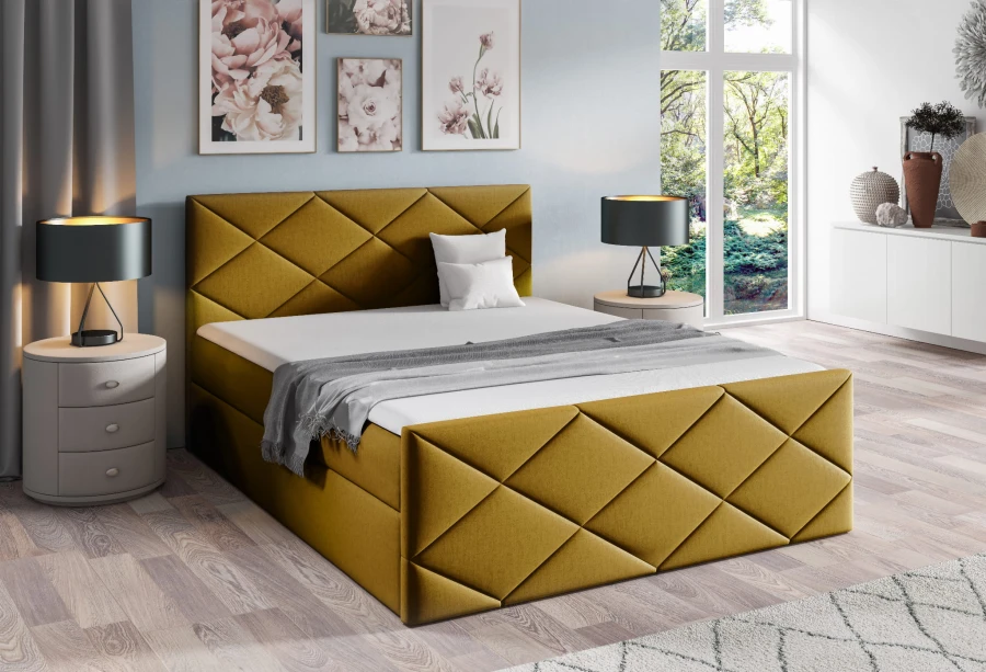 Modernes Boxspringbett in Senfgelb mit markantem Rauten-Design am Kopfteil, ideal für ein helles Schlafzimmer.