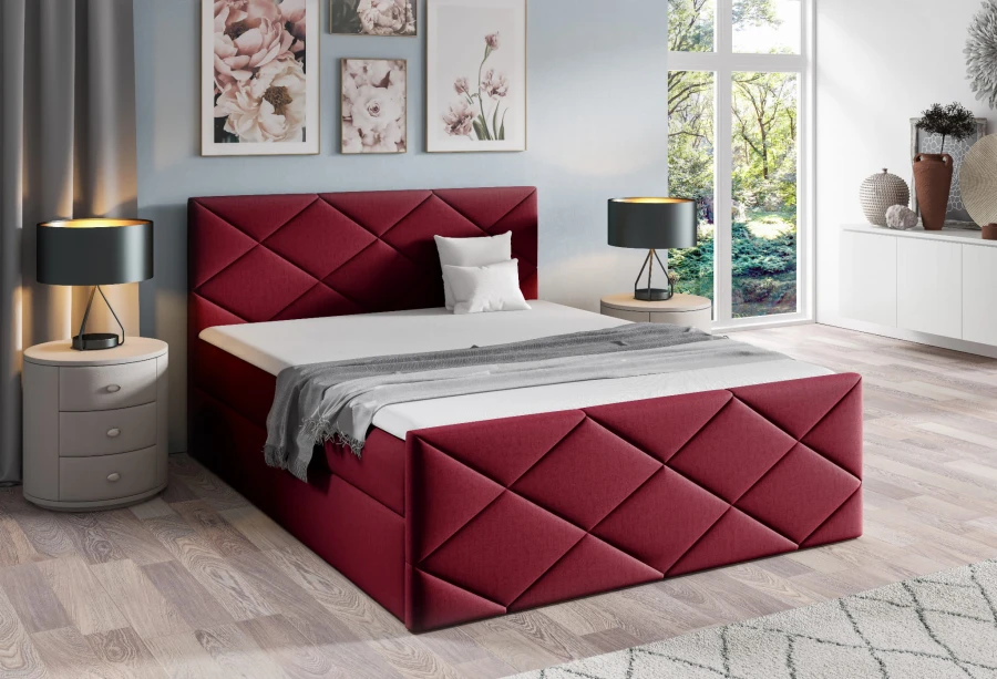 Elegantes Polsterbett in Dunkelrot mit luxuriöser Rautensteppung für ein stilvolles und gemütliches Schlafzimmer.
