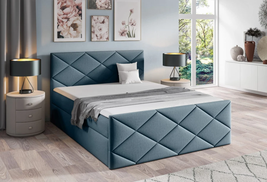 Dunkelblaues Polsterbett mit dekorativer Steppung und modernem Design