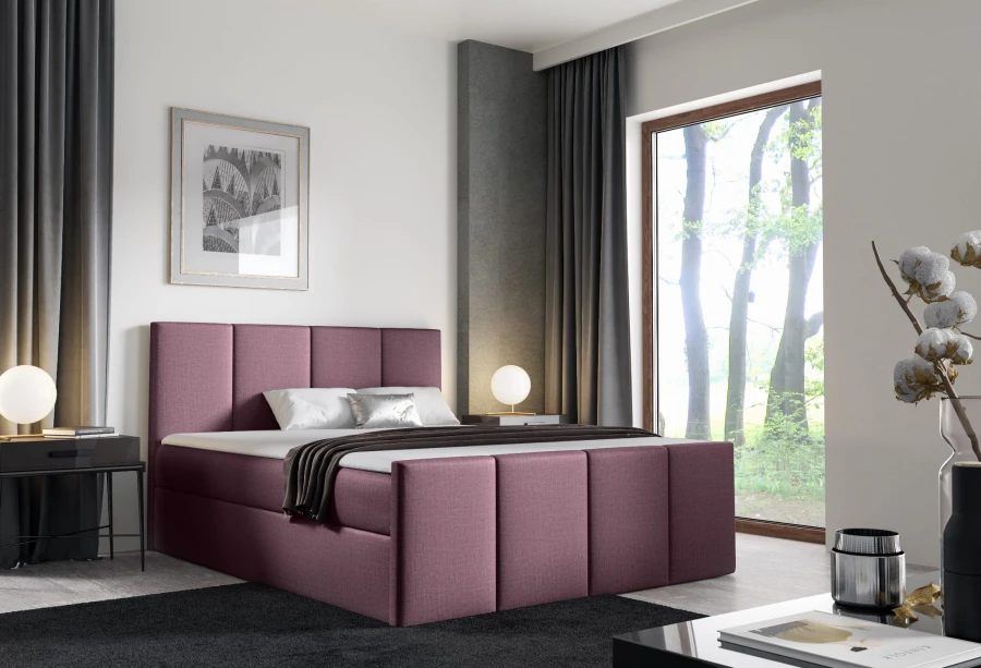 Stilvolles altrosa Polsterbett in einem modernen Schlafzimmer mit Blick ins Grüne.