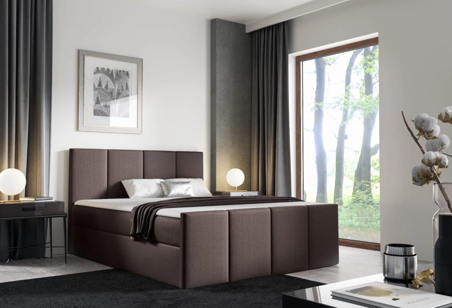 Dunkelbraunes Boxspringbett mit hohem Kopfteil in moderner Einrichtung.