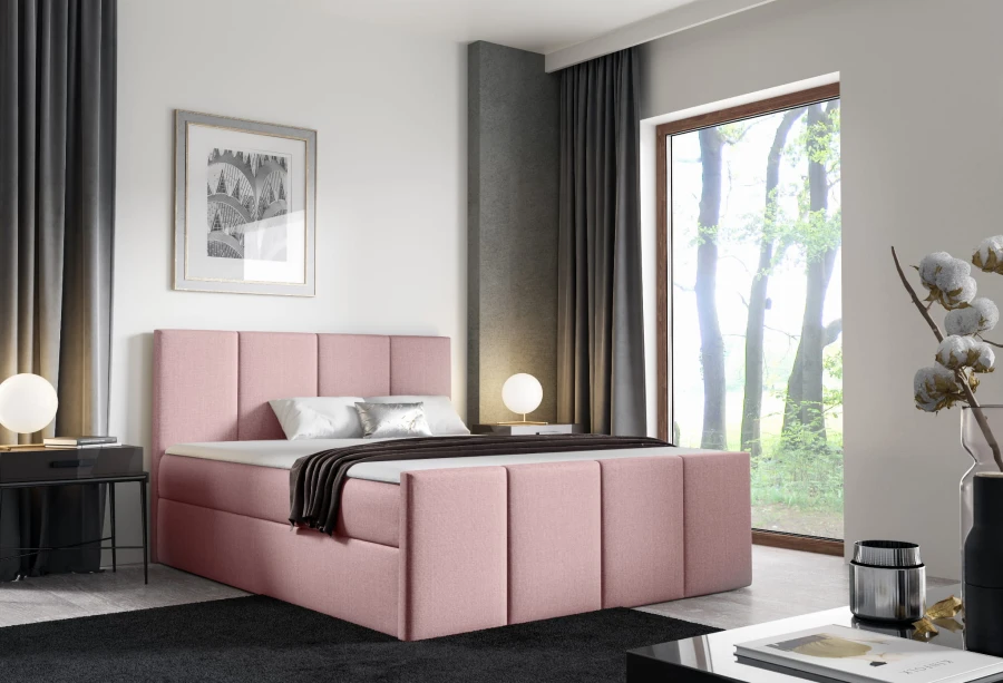 Rosa Boxspringbett mit weichem Stoffbezug im stilvollen Schlafzimmer.