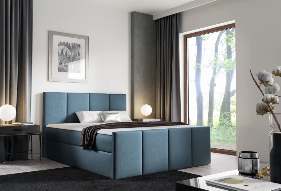 Elegantes Polsterbett in Blau für ein gemütliches Schlafzimmer.
