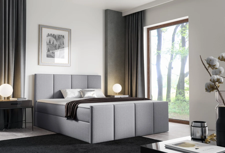 Modernes hellgraues Polsterbett in minimalistischem Design.