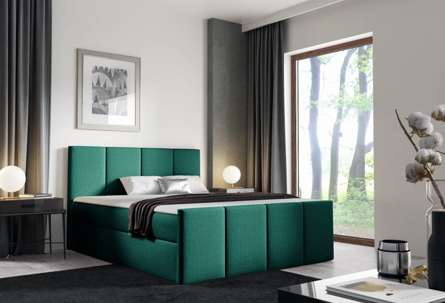 Dunkelgrünes Boxspringbett mit elegantem Kopfteil im modernen Schlafzimmer.