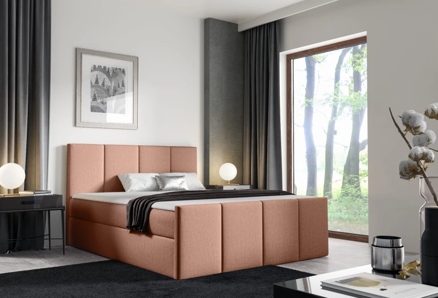 Boxspringbett in Altrosa mit vertikaler Steppung für ein stilvolles Schlafzimmer.