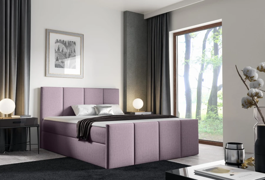 Modernes lila Boxspringbett mit gepolstertem Kopfteil in hellem Schlafzimmer.