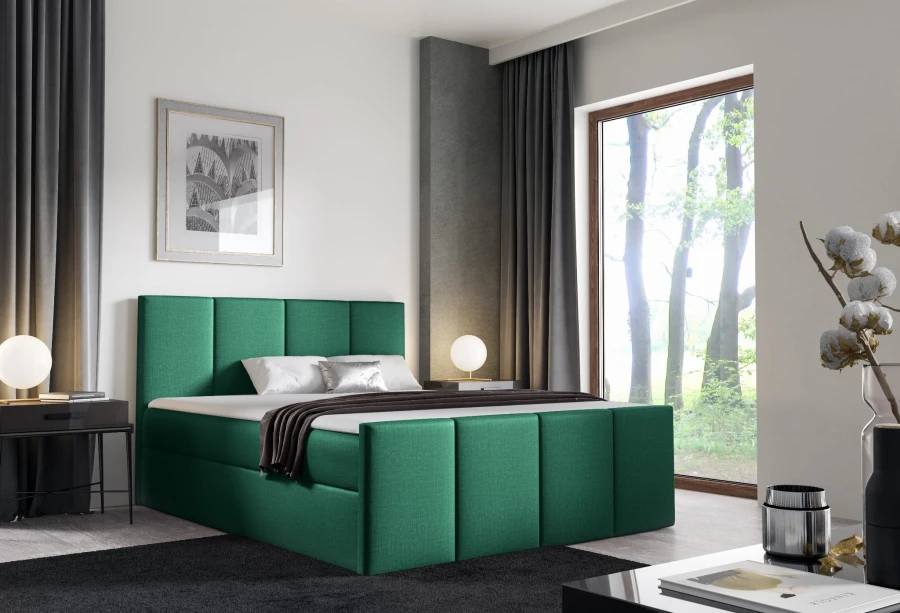 Dunkelgrünes Polsterbett als eleganter Blickfang in modernem Schlafzimmer.
