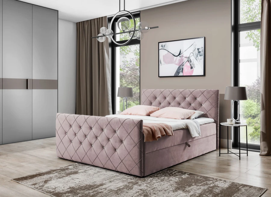 Modernes Polsterbett in Rosa mit Rautensteppung und Kristallen im stilvollen Schlafzimmer.