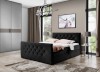 Elegantes schwarzes Polsterbett mit Rautensteppung und Kristallen im modernen Schlafzimmer.