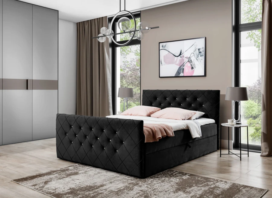 Elegantes schwarzes Polsterbett mit Rautensteppung und Kristallen im modernen Schlafzimmer.