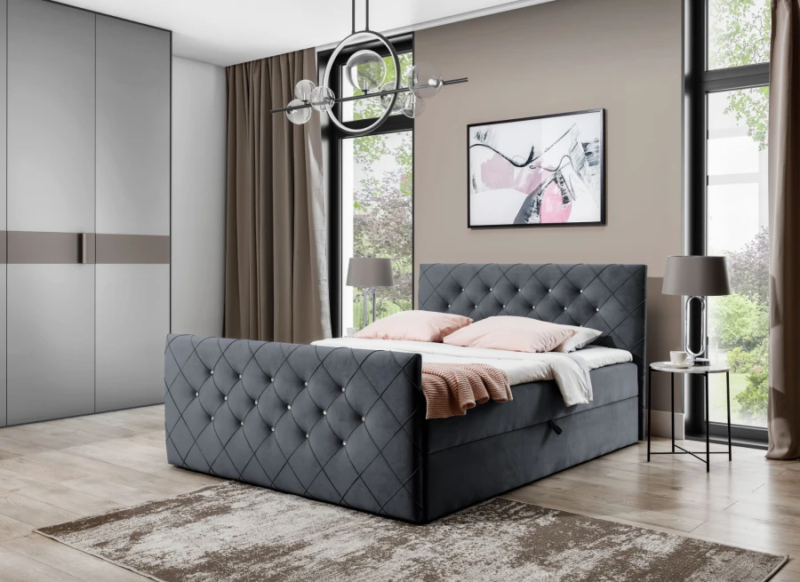 Dunkelgraues Polsterbett mit eleganter Rautensteppung und Bettkasten für das Schlafzimmer.