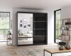 Großer Kleiderschrank in Schwarz mit Schiebetüren und Spiegelfront für viel Stauraum.