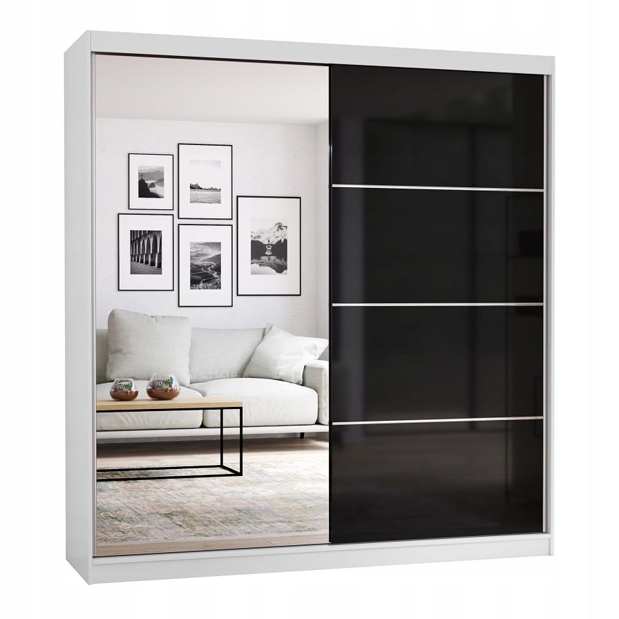 Schwebetürenschrank mit Spiegel und schwarzen Fronten im modernen Design für das Schlafzimmer.