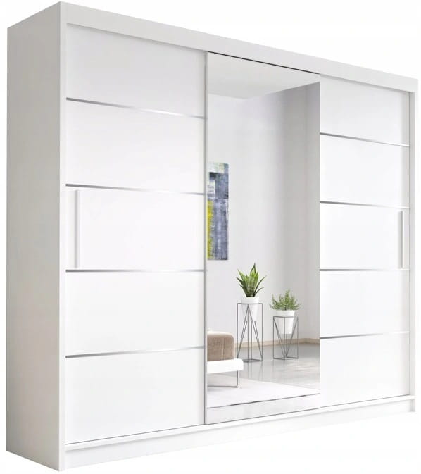 Großer weißer 3-türiger Schwebetürenschrank mit Spiegel für das Schlafzimmer.