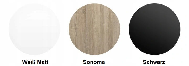 Materialmuster für Schrankfronten: Weiß Matt, Sonoma Eiche und Schwarz.