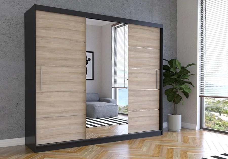 Schwarzer Kleiderschrank mit Eiche-Dekor und Spiegel, stilvoller Schwebetürenschrank.