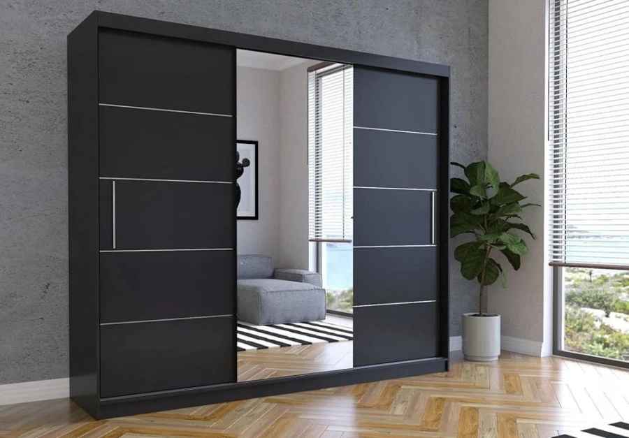 Großer schwarzer Kleiderschrank mit Schiebetüren und Spiegel, minimalistisches Design.