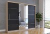Schwebetürenschrank in Eiche-Nachbildung mit schwarzen Türen und Spiegel, hochwertig.