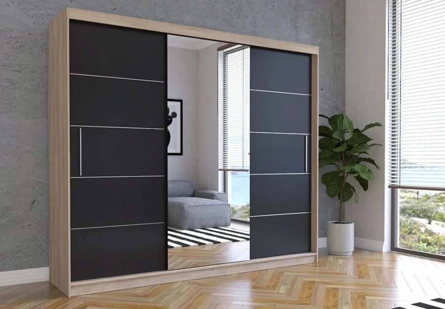 Schwebetürenschrank in Eiche-Nachbildung mit schwarzen Türen und Spiegel, hochwertig.