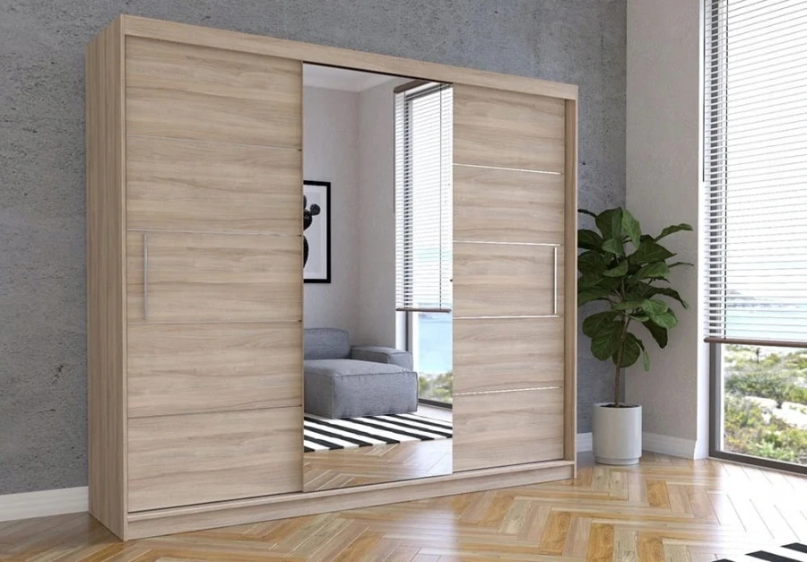 Moderner Schiebetürenschrank in Eiche Sonoma mit großem Mittelspiegel für das Schlafzimmer.