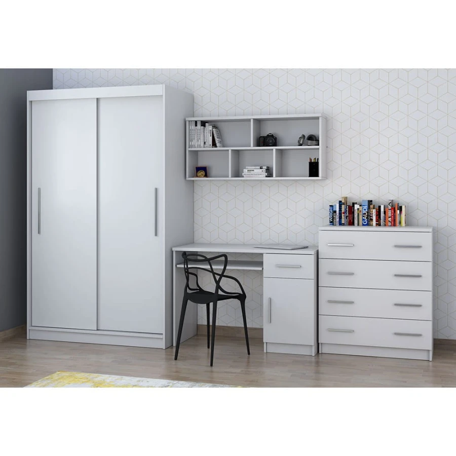 Komplettes weißes Möbel-Set mit Kleiderschrank, Schreibtisch und Kommode für das Arbeitszimmer.