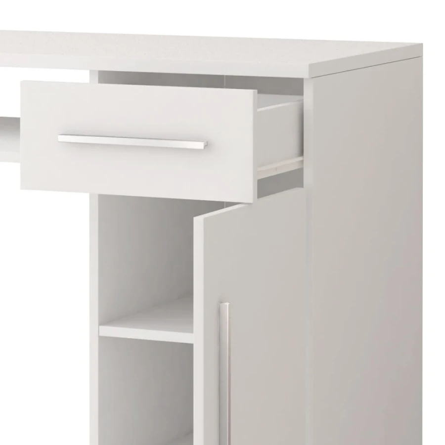 Detailansicht weißer Schreibtisch mit Schublade und silbernem Griff.