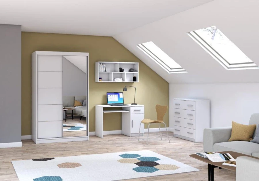 Möbel-Set für Jugendzimmer in Weiß mit Schrank, Schreibtisch und Regal.