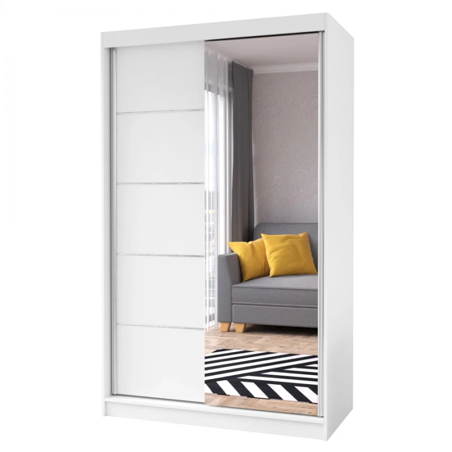 Moderner Schwebetürenschrank in Weiß mit großem Spiegel für das Schlafzimmer.