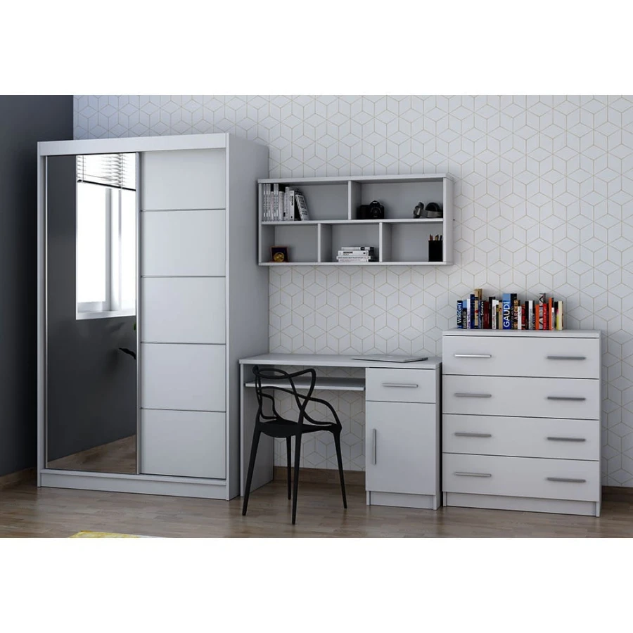 Weißes Möbelset bestehend aus Spiegel-Kleiderschrank, Schreibtisch und Kommode.