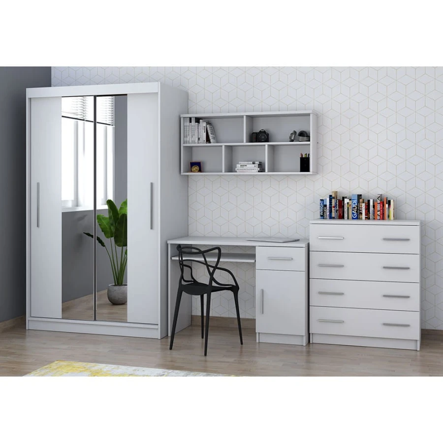 Komplettes weißes Jugendzimmer Set mit Kleiderschrank, Schreibtisch und Kommode.