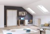 Komplettes Jugendzimmer-Möbelset in Weiß und Holzoptik unter einer Dachschräge.